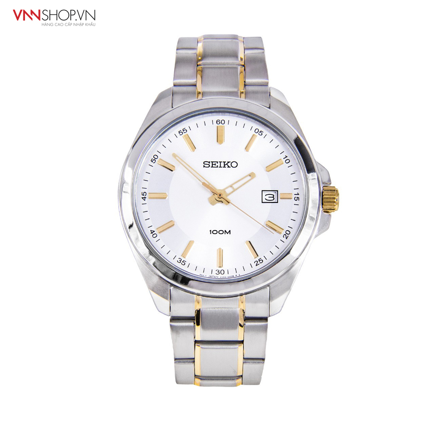 Đồng hồ nam Seiko - SUR063P1 mặt mầu trắng, dây kim loại bạc họa tiết sọc vàng