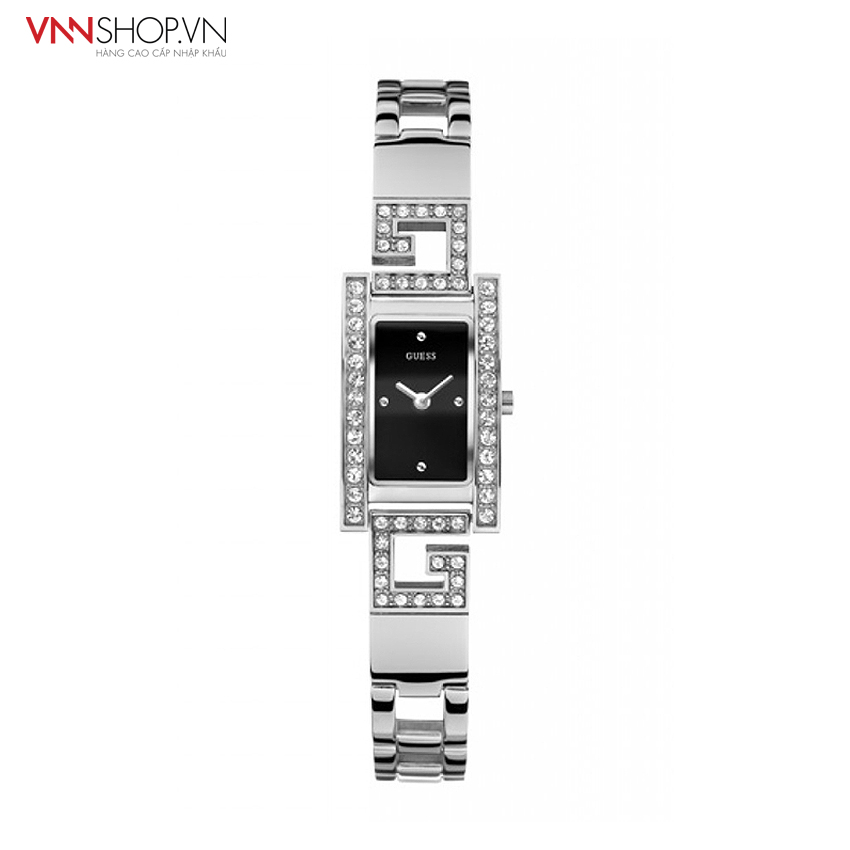 Đồng hồ nữ Guess viền đính đá mặt chữ nhật mầu đen, dây kim loại bạc