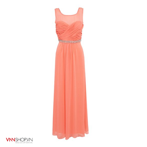 Váy maxi voan Ariella mầu hồng cam, xếp ly thân váy