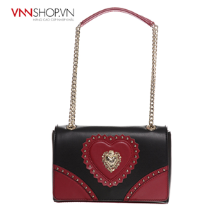 Túi nữ Love Moschino mầu đen, trang trí trái tim đỏ, logo dập nổi