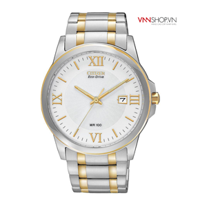 Đồng hồ nam CITIZEN - BM7264-51A mặt trắng, dây kim loại bạc họa tiết sọc vàng