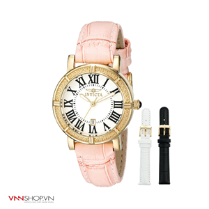 Đồng hồ nữ Invicta mặt vàng, dây hồng cam nhạt, kèm 2 dây da đen & trắng