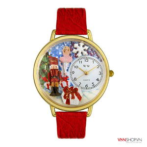 Đồng hồ nữ Whimsical mặt vàng họa tiết hình Noel, quai da đỏ